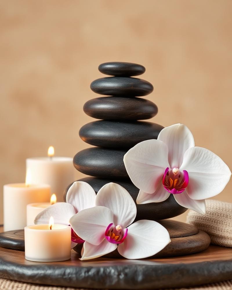 Pedras quentes com velas e orquídeas
